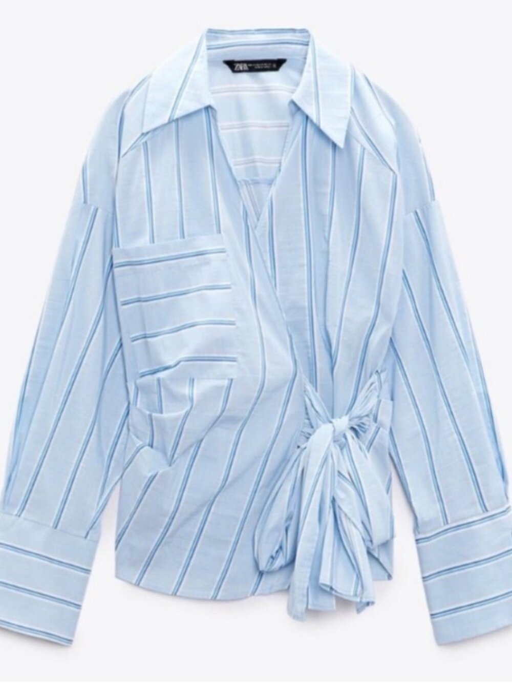 Zara Blue Striped Wrap Tie Waist Blouse Cotton Blend Long Sleeve Top Size S